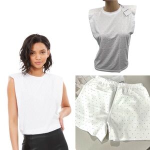 Women’s Jeweled T-Shirt Padded Shoulders White & Jeweled Terry Short Set NWT